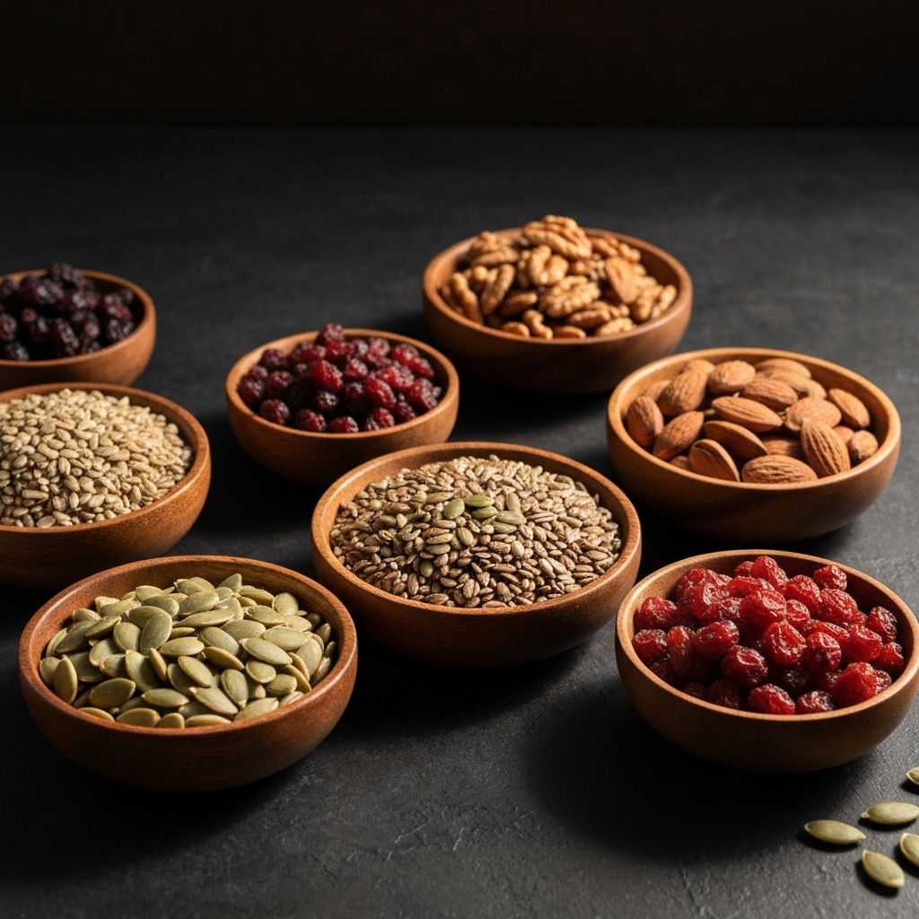 Biji-bijian, kacang-kacangan, dan buah beri kering dalam mangkuk kayu