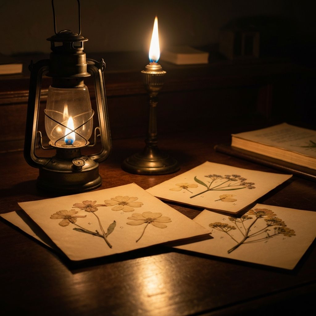 Manuskrip botanikal kuno dan bunga kering di atas meja kayu bersuasana ilmiah